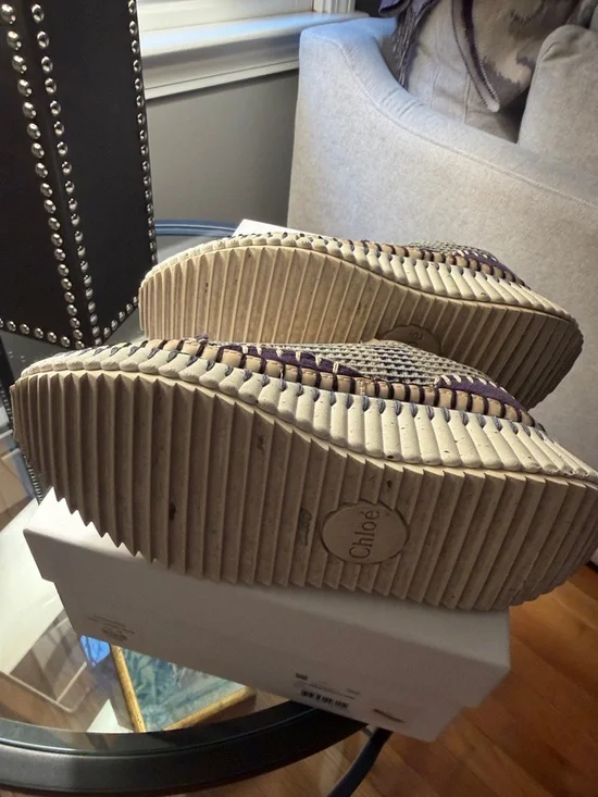 Chloé Cosmic Blue Woven-Trim Sneakers - Cream with Blue Stitching - Picture 5 of 5